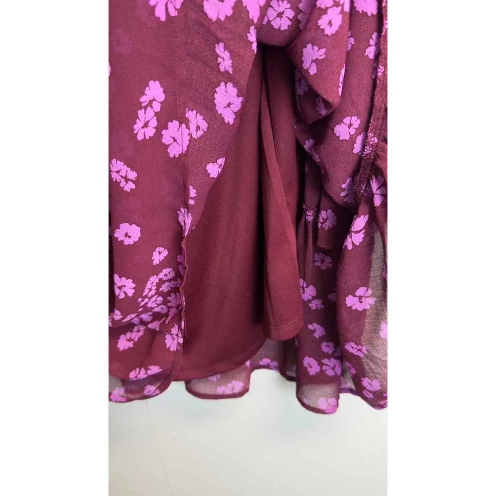 Time and Tru Womens M 8-10‎ Burgundy Purple Floral Pleated Chiffon Mini Dress